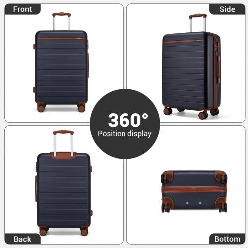 KSK2584 - Kono Scratch-Resistant 28-Inch Large Hard Shell Suitcase with Horizontal Stripe Design, Brown Accents & Spinner Wheels - Navy and Brown | Neil's Luggage Store