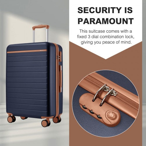 KSK2584 - Kono Scratch-Resistant 28-Inch Large Hard Shell Suitcase with Horizontal Stripe Design, Brown Accents & Spinner Wheels - Navy and Brown | Neil's Luggage Store