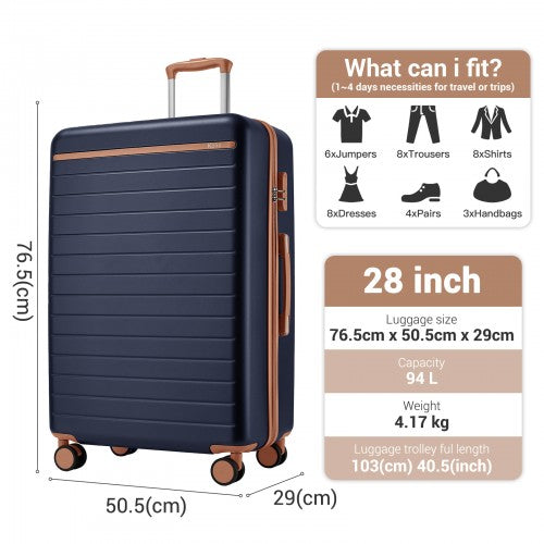 KSK2584 - Kono Scratch-Resistant 28-Inch Large Hard Shell Suitcase with Horizontal Stripe Design, Brown Accents & Spinner Wheels - Navy and Brown | Neil's Luggage Store