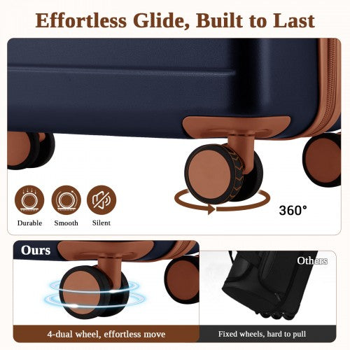 KSK2584 - Kono Scratch-Resistant 28-Inch Large Hard Shell Suitcase with Horizontal Stripe Design, Brown Accents & Spinner Wheels - Navy and Brown | Neil's Luggage Store