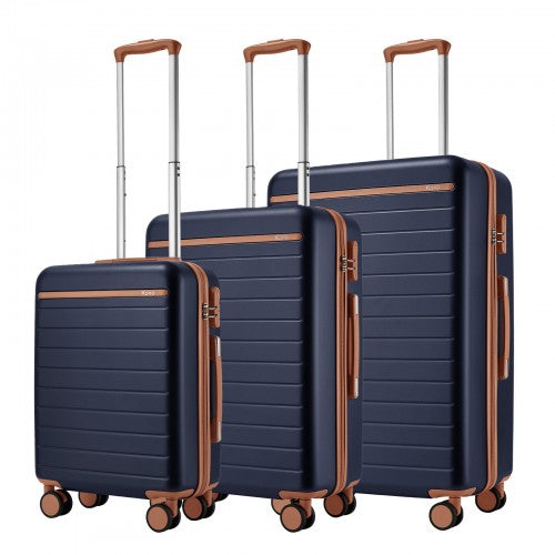KSK2584 - Kono Scratch-Resistant 3-Piece Hard Shell Luggage Set with Horizontal Stripe Design, Brown Accents & Spinner Wheels - Navy and Brown | Neil's Luggage Store
