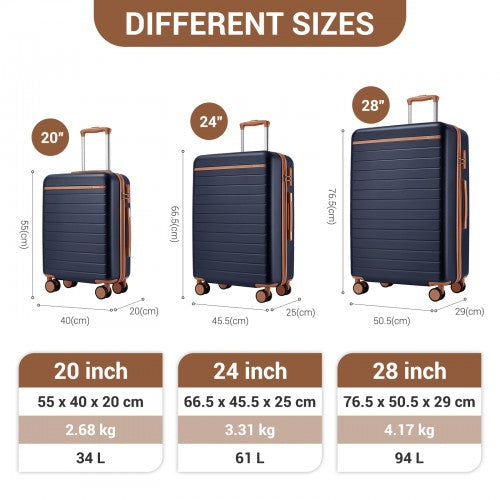 KSK2584 - Kono Scratch-Resistant 3-Piece Hard Shell Luggage Set with Horizontal Stripe Design, Brown Accents & Spinner Wheels - Navy and Brown | Neil's Luggage Store