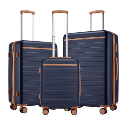 KSK2584 - Kono Scratch-Resistant 3-Piece Hard Shell Luggage Set with Horizontal Stripe Design, Brown Accents & Spinner Wheels - Navy and Brown | Neil's Luggage Store