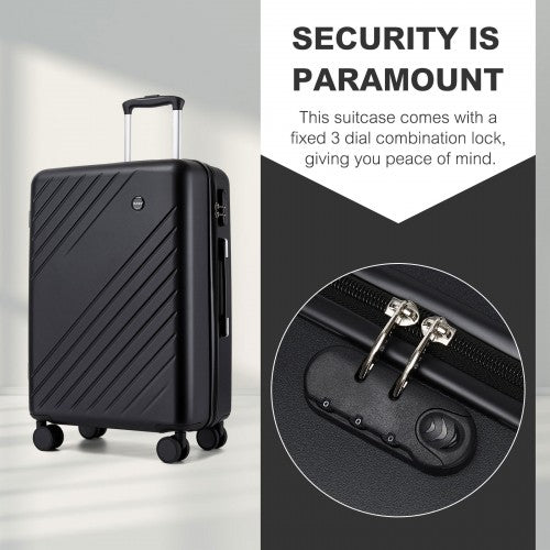 KSK2585 - Kono 28 Inch Large ABS+PC Hard Shell Checked Luggage, Spacious Diagonal Stripe Travel Suitcase with Silent Wheels & Combination Lock - Black