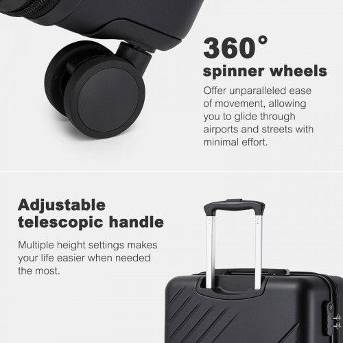 KSK2585 - Kono 28 Inch Large ABS+PC Hard Shell Checked Luggage, Spacious Diagonal Stripe Travel Suitcase with Silent Wheels & Combination Lock - Black