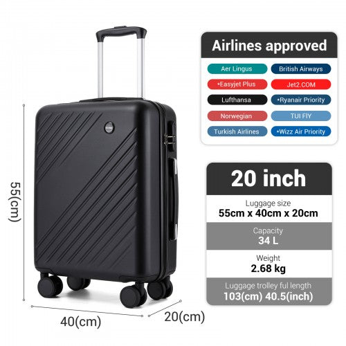 KSK2585 - Kono 20 Inch ABS+PC Hard Shell Carry On Luggage, Diagonal Stripe Lightweight Travel Suitcase with Silent Spinner Wheels & Organised Interior - Black | Neil's Luggage Store