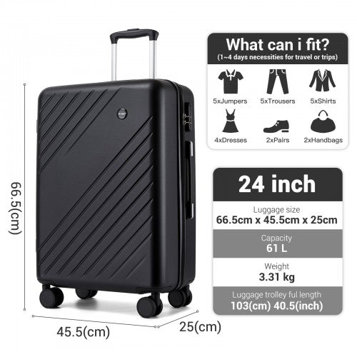 KSK2585 - Kono 24 Inch Medium ABS+PC Hard Shell Checked Luggage, Modern Diagonal Stripe Travel Suitcase with Silent Spinner Wheels, Combination Lock - Black | Neil's Luggage Store