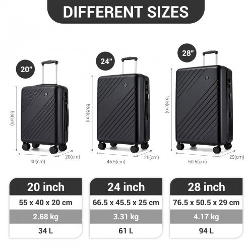 KSK2585 - Kono ABS+PC Hard Shell 3 Piece Luggage Set (20/24/28 Inch) with Diagonal Strap, Silent Wheels & Complete Travel Solution - Black | Neil's Luggage Store