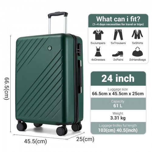 KSK2585 - Kono 24 Inch Medium ABS+PC Hard Shell Checked Luggage, Modern Diagonal Stripe Travel Suitcase with Silent Spinner Wheels, Combination Lock - Green | Neil's Luggage Store