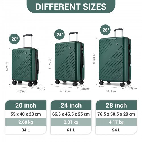 KSK2585 - Kono ABS+PC Hard Shell 3 Piece Luggage Set (20/24/28 Inch) with Diagonal Strap, Silent Wheels & Complete Travel Solution - Green | Neil's Luggage Store