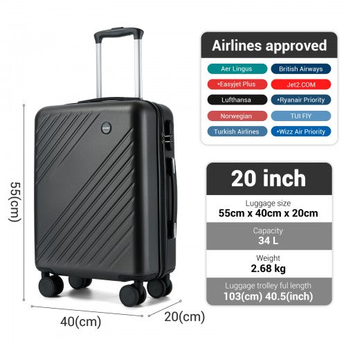KSK2585 - Kono 20 Inch ABS+PC Hard Shell Carry On Luggage, Diagonal Stripe Lightweight Travel Suitcase with Silent Spinner Wheels & Organised Interior - Grey | Neil's Luggage Store