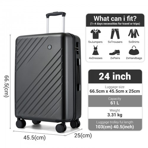 KSK2585 - Kono 24 Inch Medium ABS+PC Hard Shell Checked Luggage, Modern Diagonal Stripe Travel Suitcase with Silent Spinner Wheels, Combination Lock - Grey | Neil's Luggage Store