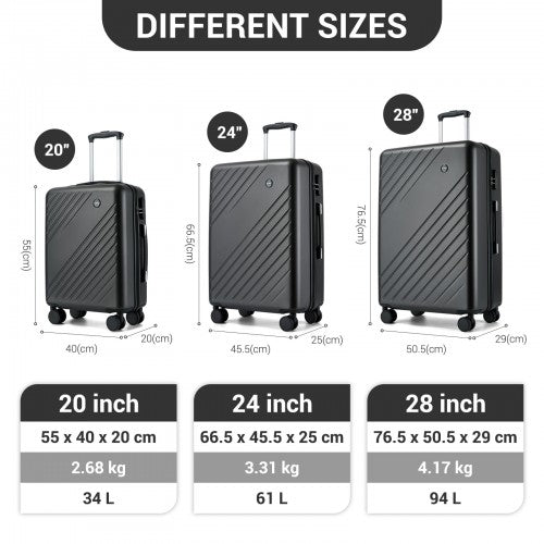 KSK2585 - Kono ABS+PC Hard Shell 3 Piece Luggage Set (20/24/28 Inch) with Diagonal Strap, Silent Wheels & Complete Travel Solution - Grey | Neil's Luggage Store