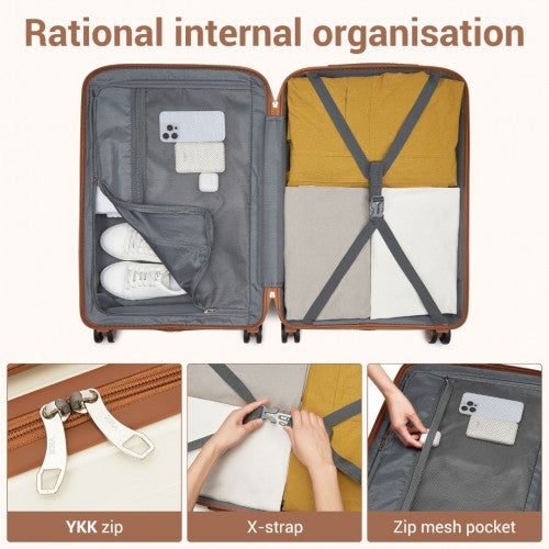 KSK2591 - Kono 24-Inch PP Modern Scratch-Resistant Medium Suitcase with TSA Lock & Stylish Brown Accents - Cream and Brown