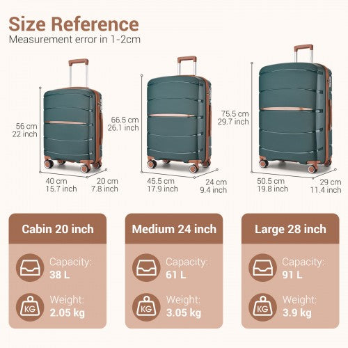 KSK2591 - Kono 20/24/28 inch PP Modern Scratch-Resistant Suitcase Set with TSA Lock & Stylish Brown Accents - Green and Brown