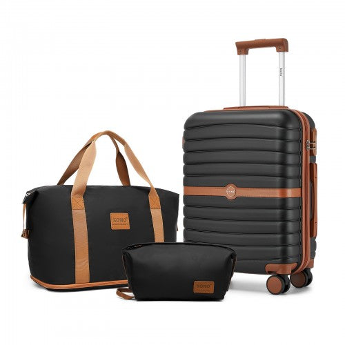 KSK2592+EA2212 - Kono 20 Inch ABS+PC Hard Shell Cabin Suitcase Set with Travel Bag & Toiletry Pouch - Black and Brown by LuluBags