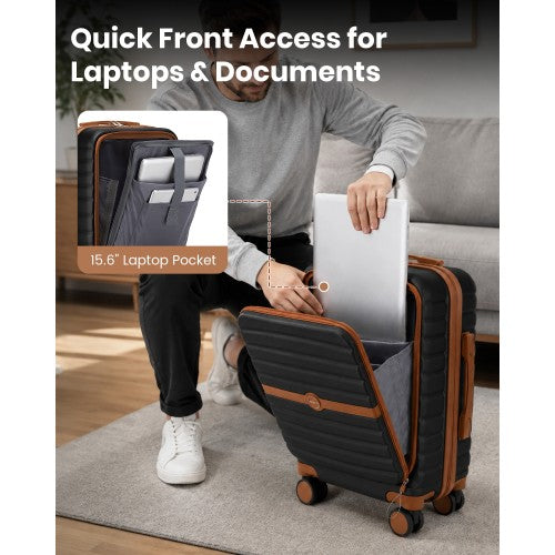 Kono 21 Inch Front Opening Cabin Suitcase 15.6 Inch Laptop Compartment Black | Neil's Luggage Store