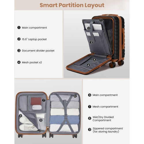 Kono 21 Inch Front Opening Cabin Suitcase 15.6 Inch Laptop Compartment Black | Neil's Luggage Store