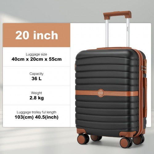 KSK2592 - Kono ABS+PC 20-Inch Striped Design with Colour-Block Details Carry-On Cabin Suitcase with Silent Spinner Wheels - Black and Brown