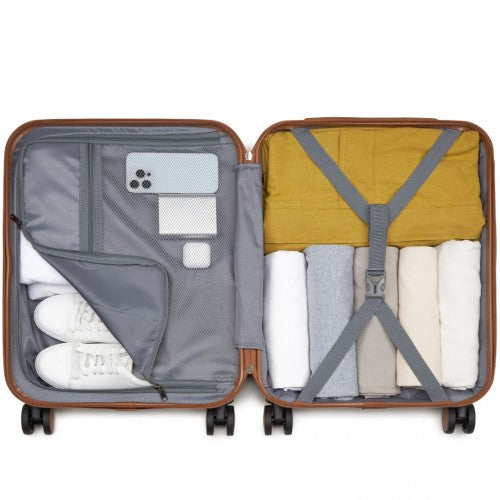 KSK2592 - Kono ABS+PC 20-Inch Striped Design with Colour-Block Details Carry-On Cabin Suitcase with Silent Spinner Wheels - Black and Brown