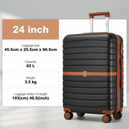 KSK2592 - Kono ABS+PC 24-Inch Striped Design with Colour-Block Details Medium Suitcase with Spinner Silent Wheels - Black and Brown