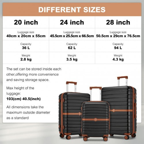 KSK2592 - Kono ABS+PC Striped Design with Colour-Block Details 3-Piece Hardshell Luggage Set with Spinner Wheels - Black and Brown