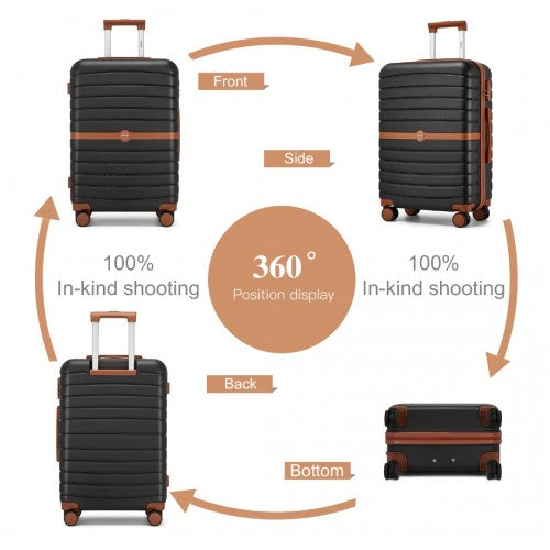 KSK2592 - Kono ABS+PC Striped Design with Colour-Block Details 3-Piece Hardshell Luggage Set with Spinner Wheels - Black and Brown