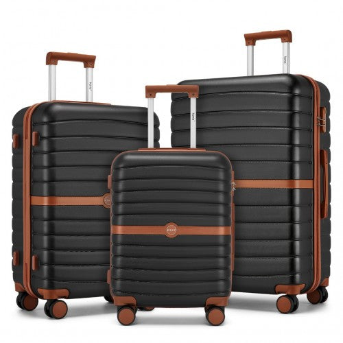 KSK2592 - Kono ABS+PC Striped Design with Colour-Block Details 3-Piece Hardshell Luggage Set with Spinner Wheels - Black and Brown