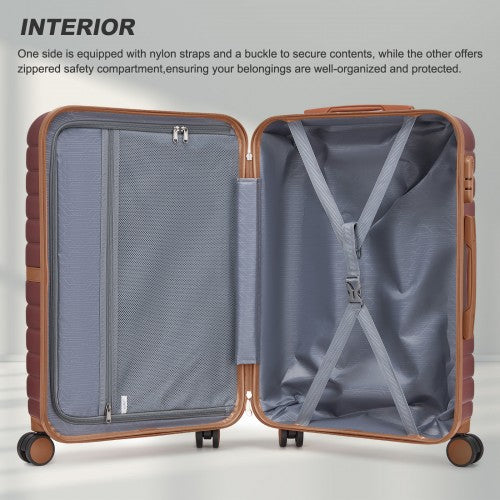 KSK2592 - Kono ABS+PC 20-Inch Striped Design with Colour-Block Details Carry-On Cabin Suitcase with Silent Spinner Wheels - Burgundy and Brown
