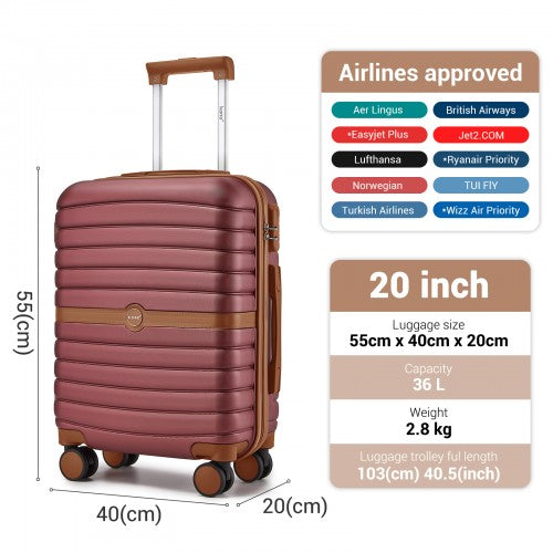 KSK2592 - Kono ABS+PC 20-Inch Striped Design with Colour-Block Details Carry-On Cabin Suitcase with Silent Spinner Wheels - Burgundy and Brown