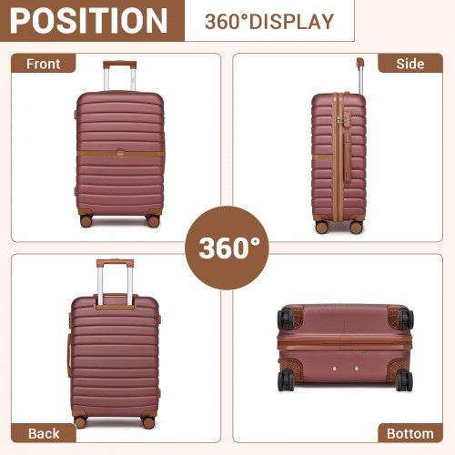 KSK2592 - Kono ABS+PC 24-Inch Striped Design with Colour-Block Details Medium Suitcase with Spinner Silent Wheels - Burgundy and Brown