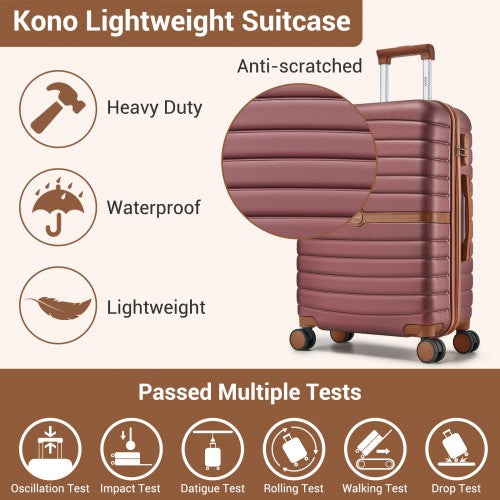 KSK2592 - Kono ABS+PC 24-Inch Striped Design with Colour-Block Details Medium Suitcase with Spinner Silent Wheels - Burgundy and Brown