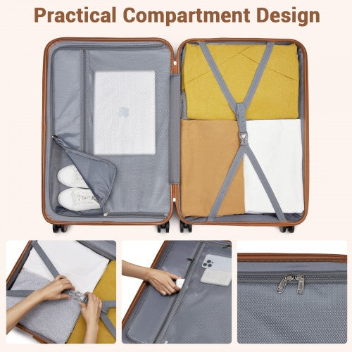 KSK2592 - Kono ABS+PC Striped Design with Colour-Block Details 3-Piece Hardshell Luggage Set with Spinner Wheels - Burgundy and Brown