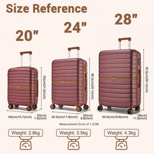 KSK2592 - Kono ABS+PC Striped Design with Colour-Block Details 3-Piece Hardshell Luggage Set with Spinner Wheels - Burgundy and Brown