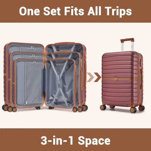 KSK2592 - Kono ABS+PC Striped Design with Colour-Block Details 3-Piece Hardshell Luggage Set with Spinner Wheels - Burgundy and Brown