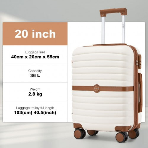 KSK2592 - Kono ABS+PC 20-Inch Striped Design with Colour-Block Details Carry-On Cabin Suitcase with Silent Spinner Wheels - Cream and Brown