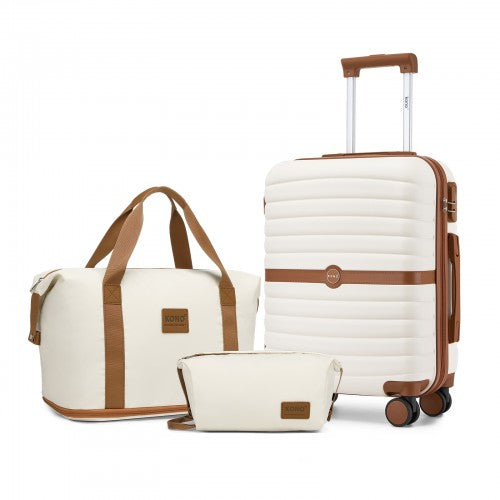 KSK2592+EA2212 - Kono 20 Inch ABS+PC Hard Shell Cabin Suitcase Set with Travel Bag & Toiletry Pouch - Cream and Brown by LuluBags