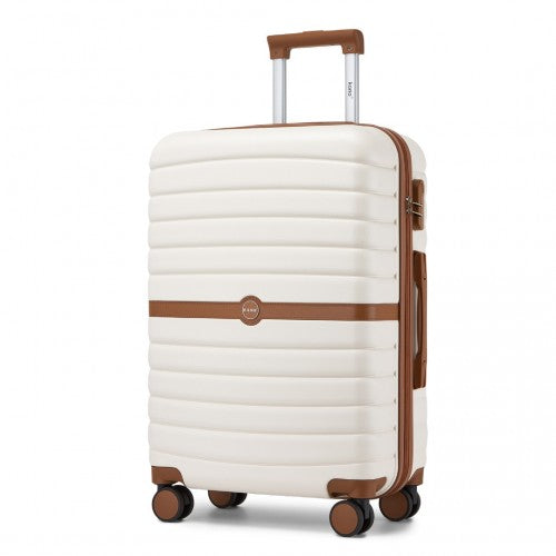 KSK2592 - Kono ABS+PC 24-Inch Striped Design with Colour-Block Details Medium Suitcase with Spinner Silent Wheels - Cream and Brown