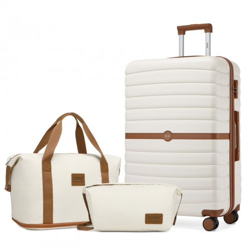 KSK2592+EA2212 - Kono 28 Inch Large ABS+PC Hard Shell Suitcase Set with Travel Bag & Toiletry Pouch - Cream and Brown by LuluBags