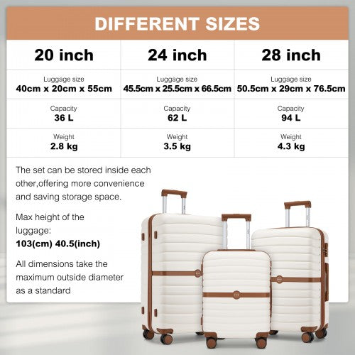KSK2592+EA2212 - Kono 3‑Piece ABS+PC Suitcase Set with Travel Bag & Toiletry Pouch - Cream and Brown by LuluBags
