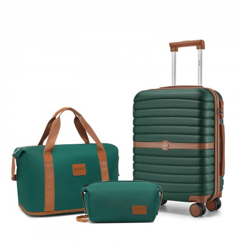 KSK2592+EA2212 - Kono 20 Inch ABS+PC Hard Shell Cabin Suitcase Set with Travel Bag & Toiletry Pouch - Dark Green and Brown by LuluBags