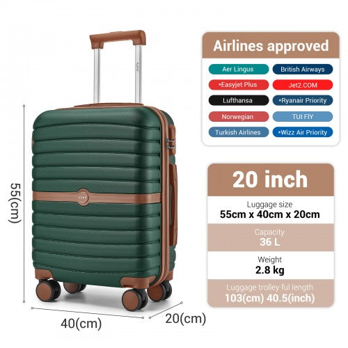 KSK2592 - Kono ABS+PC 20-Inch Striped Design with Colour-Block Details Carry-On Cabin Suitcase with Silent Spinner Wheels - Dark Green and Brown | Neil's Luggage Store