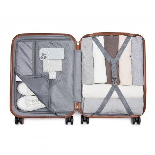KSK2592 - Kono ABS+PC 20-Inch Striped Design with Colour-Block Details Carry-On Cabin Suitcase with Silent Spinner Wheels - Dark Green and Brown | Neil's Luggage Store