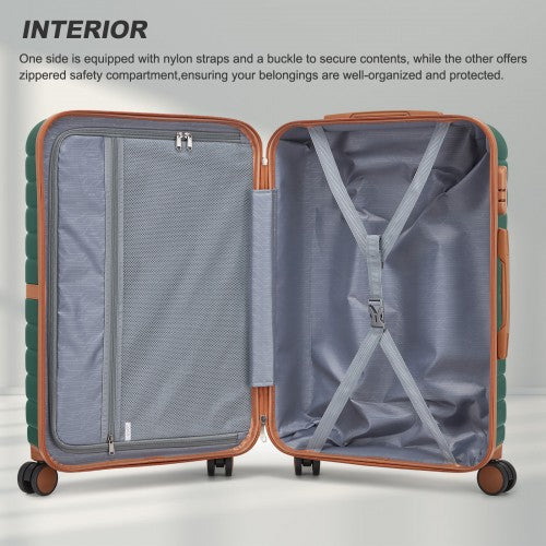 KSK2592 - Kono ABS+PC 20-Inch Striped Design with Colour-Block Details Carry-On Cabin Suitcase with Silent Spinner Wheels - Dark Green and Brown | Neil's Luggage Store