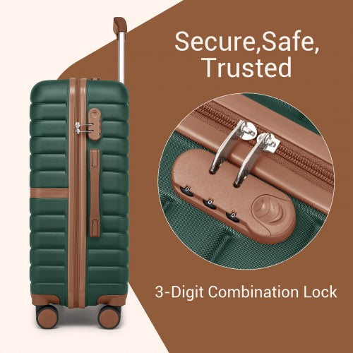 KSK2592 - Kono ABS+PC 24-Inch Striped Design with Colour-Block Details Medium Suitcase with Spinner Silent Wheels - Dark Green and Brown