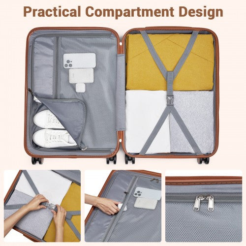 KSK2592 - Kono ABS+PC 24-Inch Striped Design with Colour-Block Details Medium Suitcase with Spinner Silent Wheels - Dark Green and Brown
