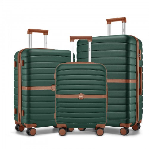 KSK2592 - Kono ABS+PC Striped Design with Colour-Block Details 3-Piece Hardshell Luggage Set with Spinner Wheels - Dark Green and Brown