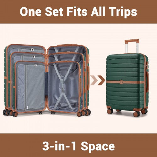 KSK2592 - Kono ABS+PC Striped Design with Colour-Block Details 3-Piece Hardshell Luggage Set with Spinner Wheels - Dark Green and Brown | Neil's Luggage Store