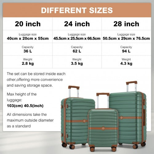 KSK2592 - Kono ABS+PC Striped Design with Colour-Block Details 3-Piece Hardshell Luggage Set with Spinner Wheels - Green and Brown