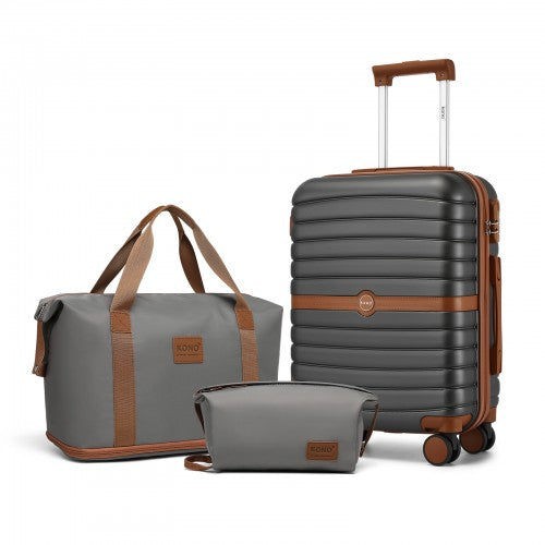 KSK2592+EA2212 - Kono 20 Inch ABS+PC Hard Shell Cabin Suitcase Set with Travel Bag & Toiletry Pouch - Grey and Brown by LuluBags